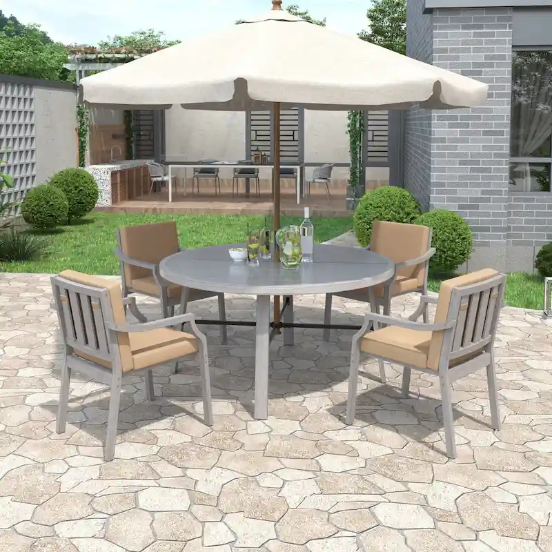 5 Pcs Outdoor Dinning Set, Wooden Patio Furniture Set, Round Table with Umbrella Hole, 4 Chairs with Removable Cushions