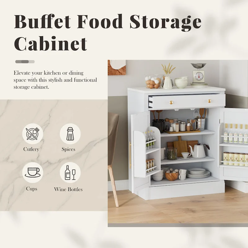 Modern Freestanding Kitchen Pantry,Buffet Food Storage, Coffee Bar Cabinet with Drawer, 2 Adjustable Shelves and 2 Door Shelves