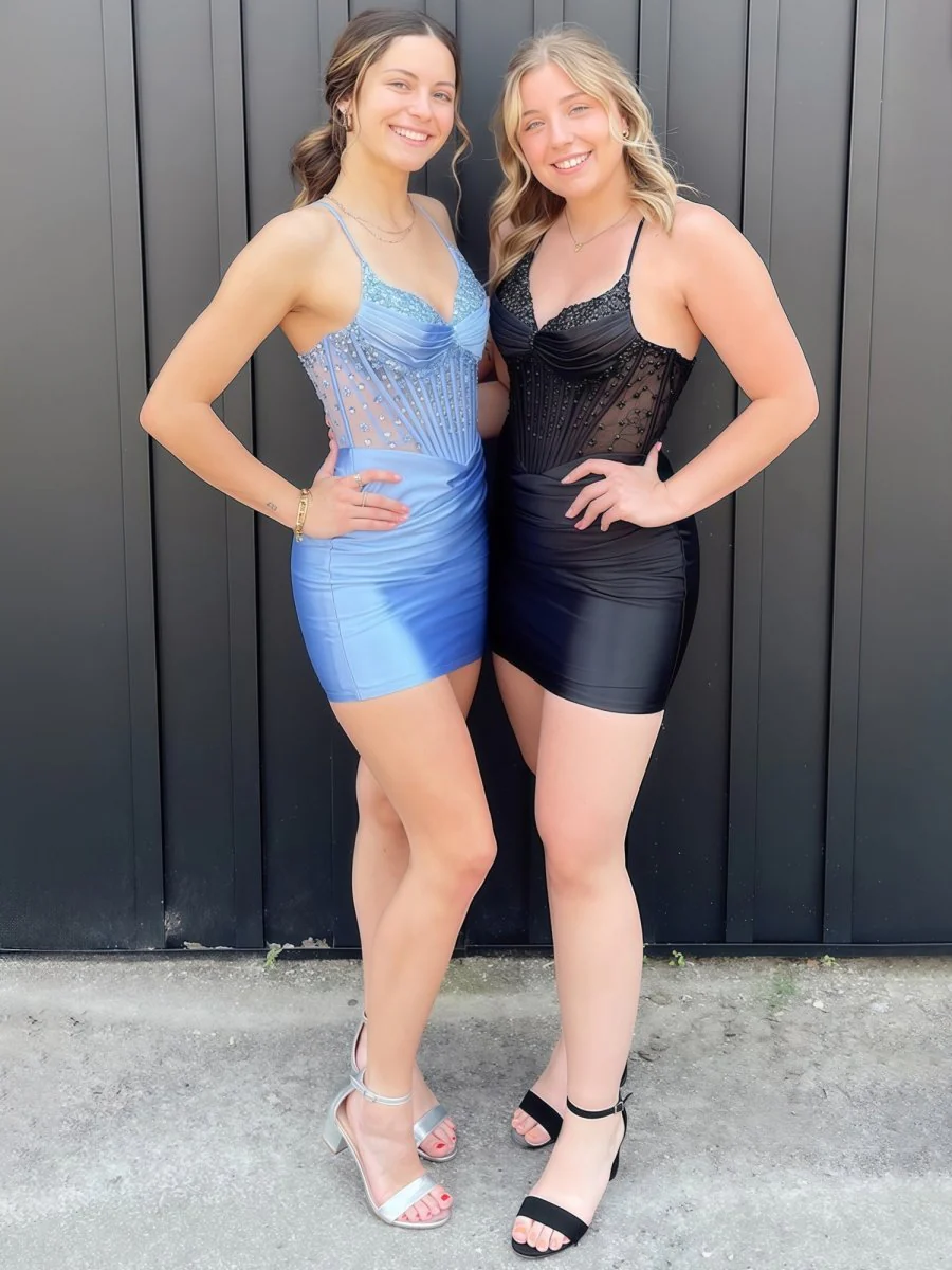 Blue - Spaghetti Straps Satin Bodycon Pleated Homecoming Dress With Beading