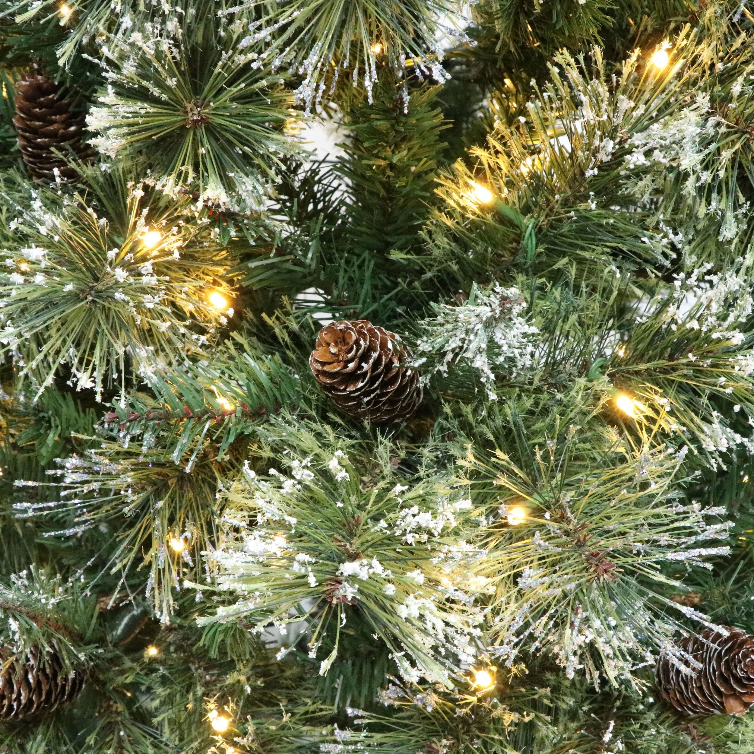 Cashmere Pine and Mixed Needles Pre-Lit Clear LED Hinged Artificial Christmas Tree with Snow and Glitter Branches and Frosted Pinecones - NH022513