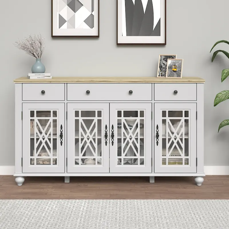 Grayish-White / Green / Navy Vintage Buffet Sideboard Cabinet, 3 Drawers & Glass Doors, 1-Household