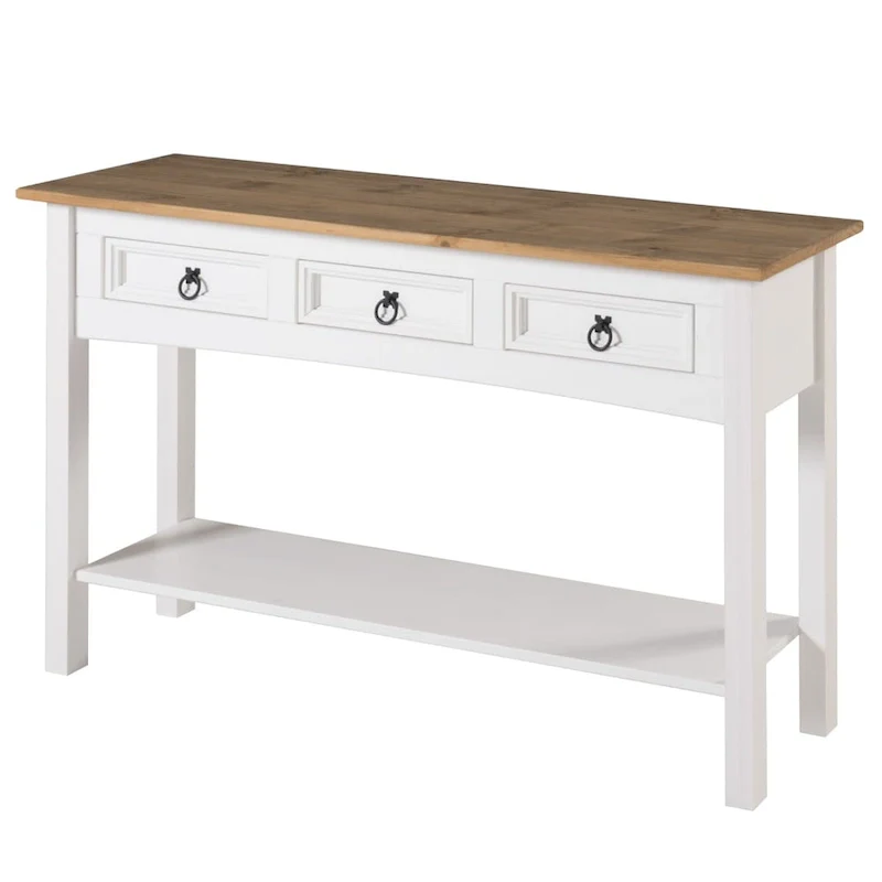 White and Honey Brown Solid Pine Hall Table with 3 Dovetail Drawers and Black Metal Handles