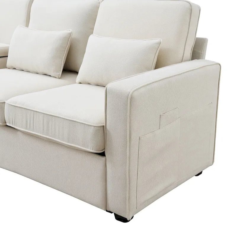 104 4-Seater Modern Linen Fabric Sofa with Armrest Pockets and 4 Pillows