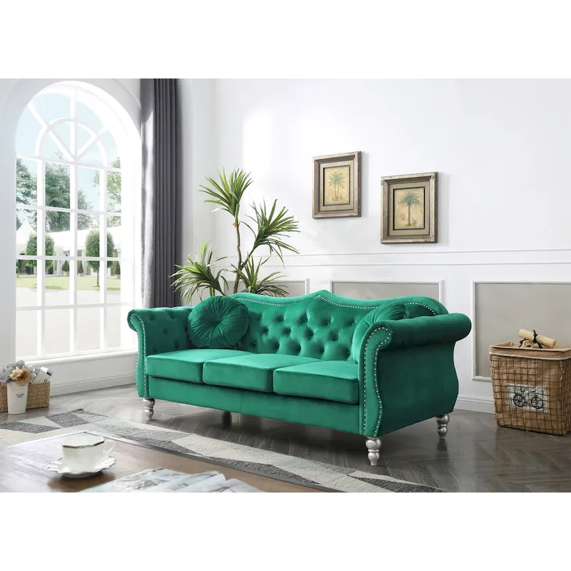 Hollywood 82 in. Velvet Chesterfield 3-Seater Sofa with 2-Throw Pillow - 82L x 35W x 34H