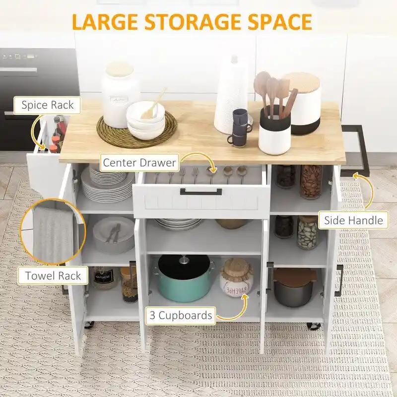 52Kitchen Island Rolling Kitchen Cart with Rubberwood Top,Spice Rack,Towel Rack,Drawer