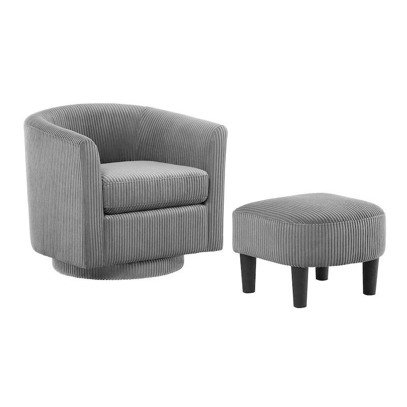 Grey Corduroy Swivel Accent Chair with Ottoman