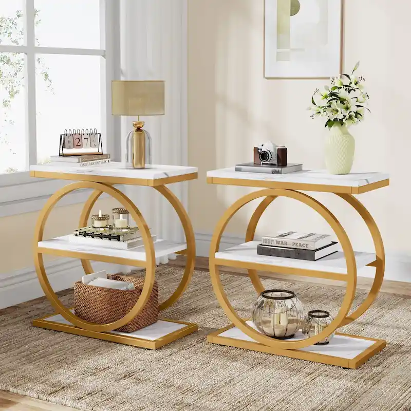 Industrial 3-Shelf Narrow End Table – Brown / Grey / Oak / Yellow