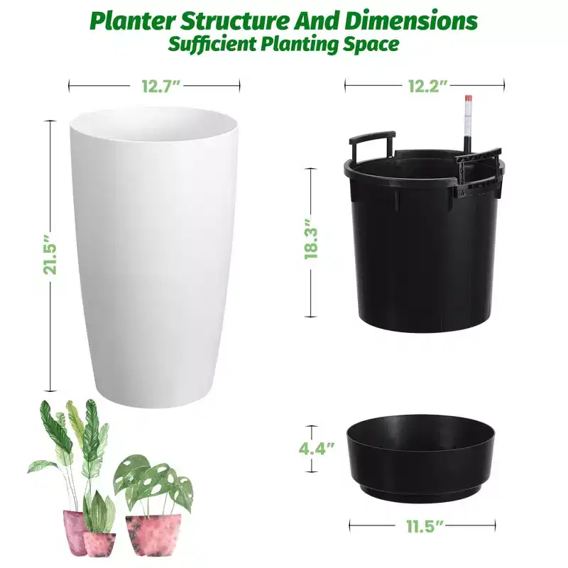 Self-Watering Planters with Water Level Monitor, Set of 2 - 22 Inch Tall Pots That Never Overwater, for Indoor & Outdoor Use on Patio, Balcony