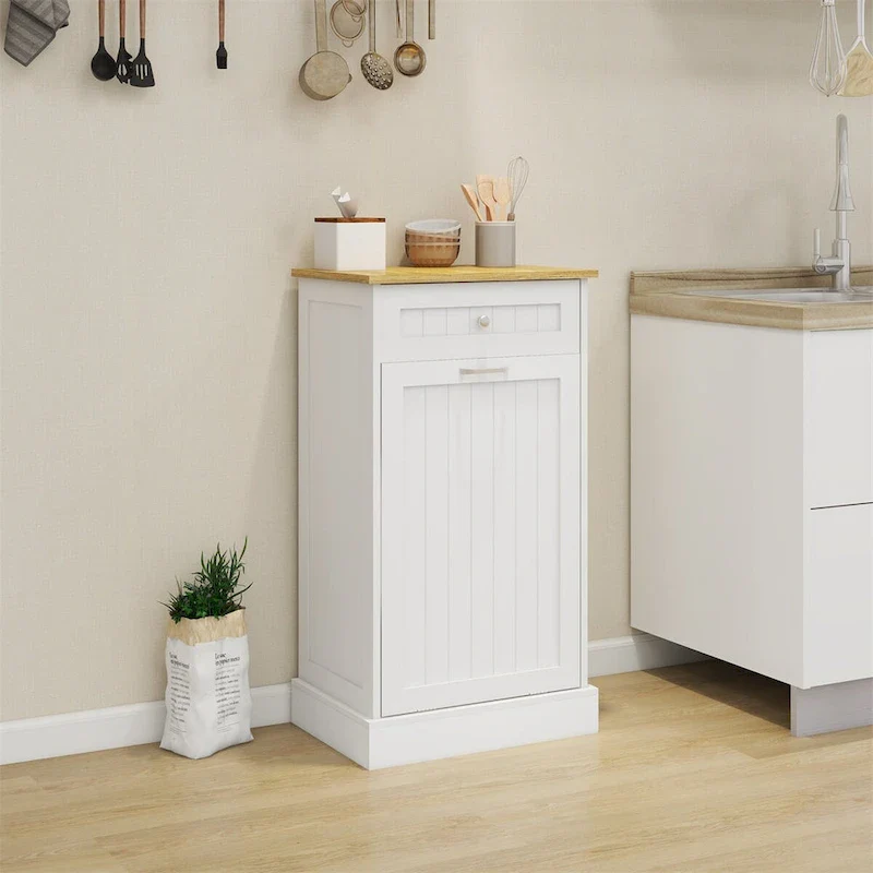 Freestanding Kitchen Trash Cabinet, Modern Wood 20-Inch Tilt-Out Trash Cabinet with Storage Drawer