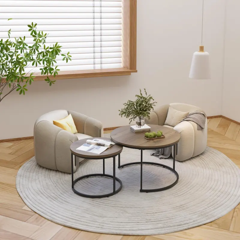 Nesting Coffee Table Set of 2, 27.6inch Round Coffee Table Wood Finish with Sturdy Metal Frame,End Table Side Tables