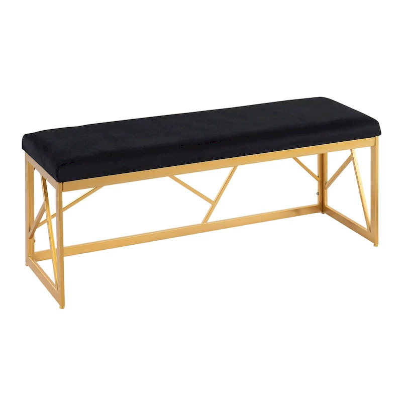 White Faux Leather / Velvet Upholstered Bench, 2-Seat, Gold Metal Frame