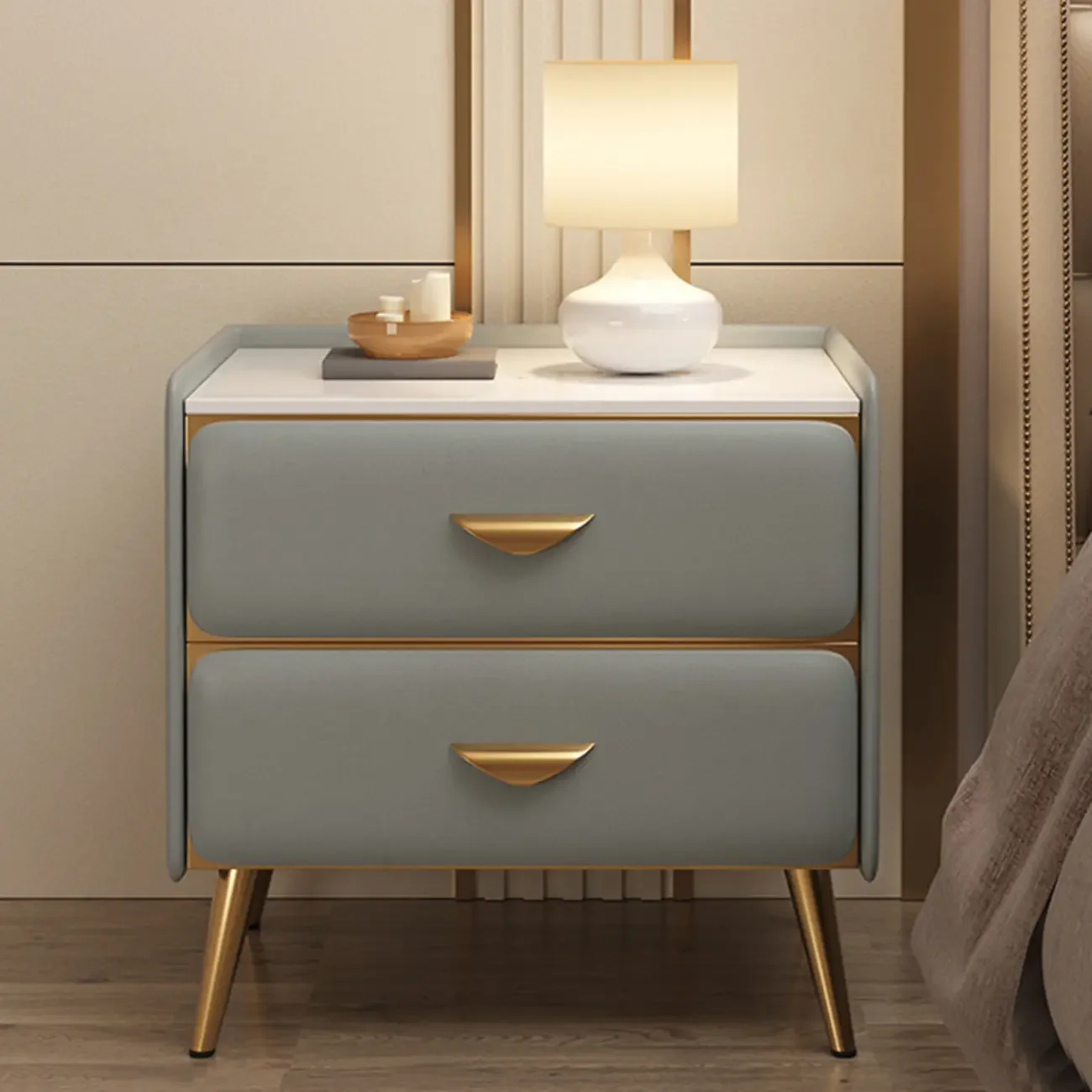 Elegant Stone Top Gold Accents Nightstand with 2 Drawers