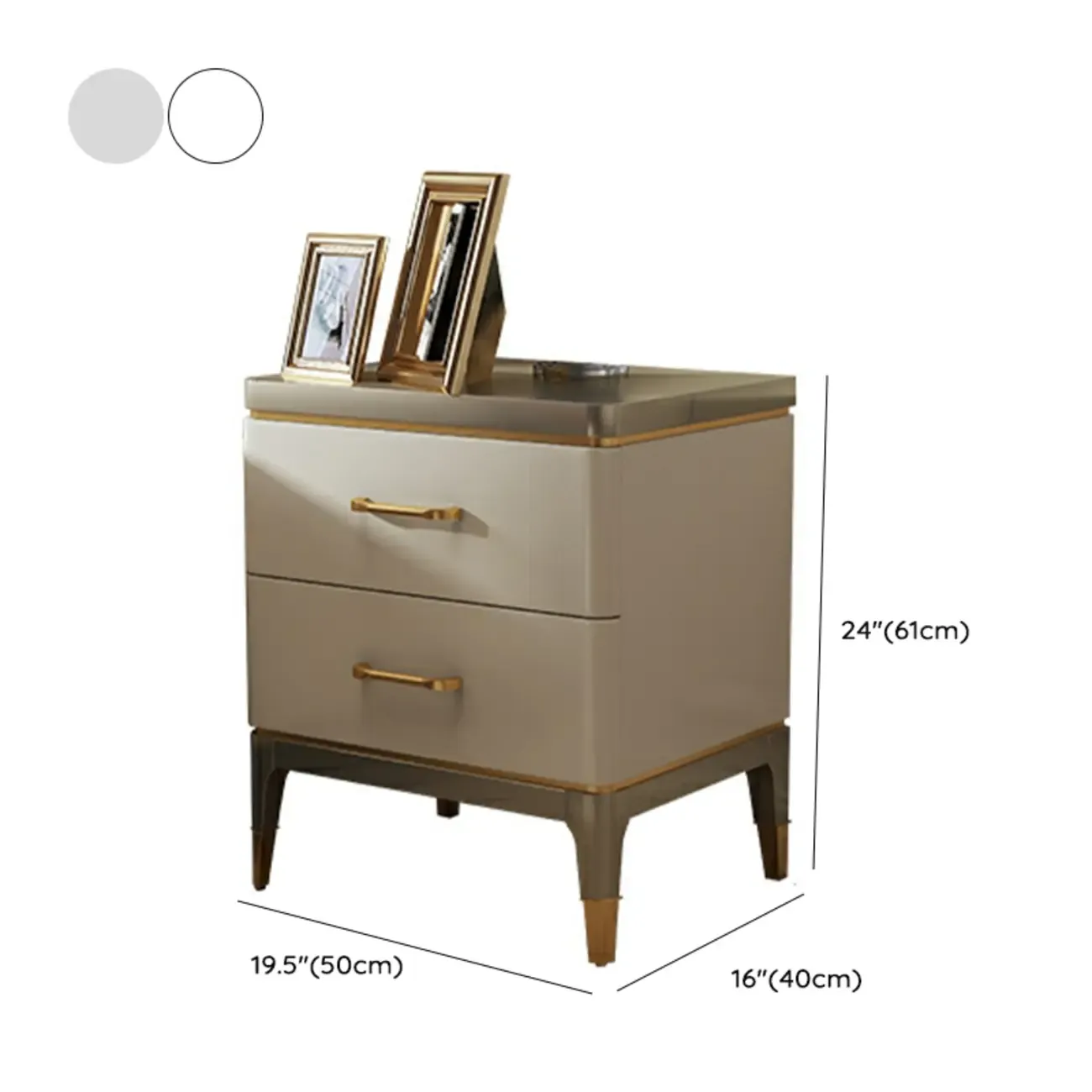 Glam Gold White Metallic Top 2-Drawer Nightstand
