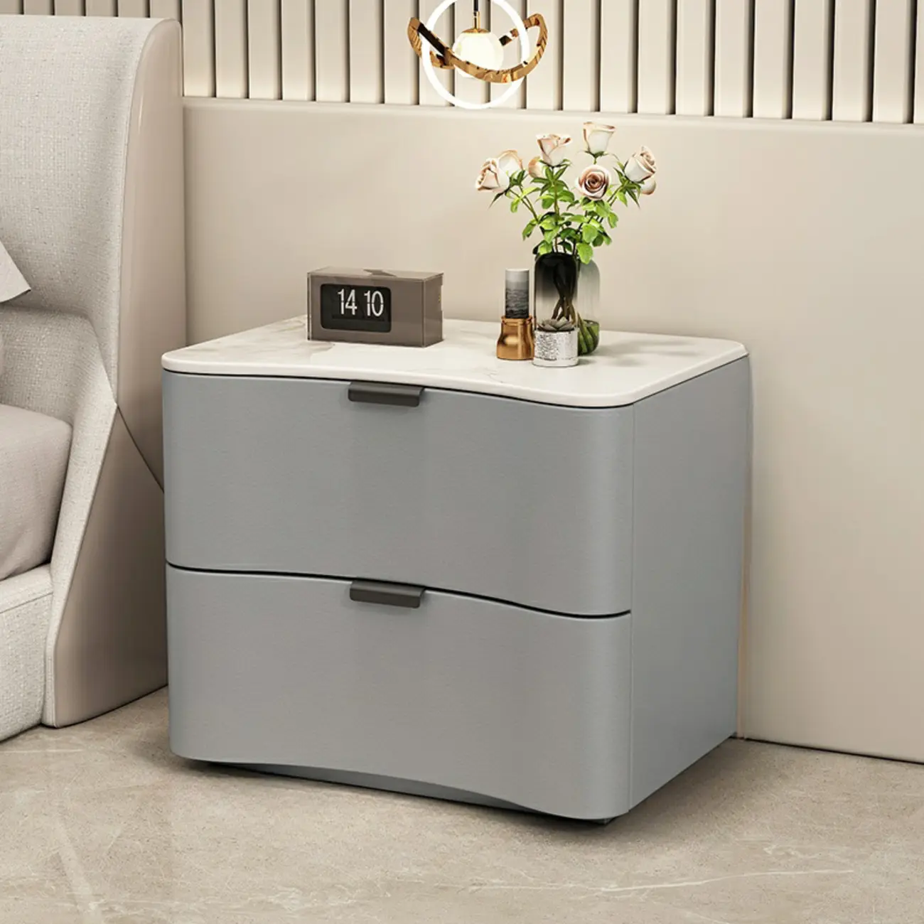 Modern Waved Stone Top Leather 2-Drawer Nightstand