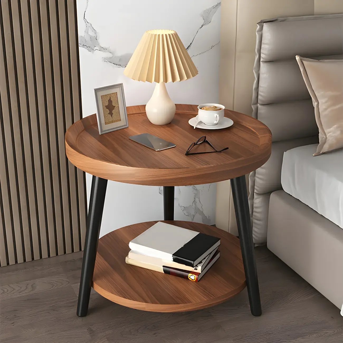 Modern Round Walnut Finish Open Storage Nightstand