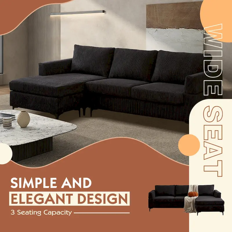 HOOOWOOO Living Room L-Shaped Polyester Fabric Reversible Chaise Sofa