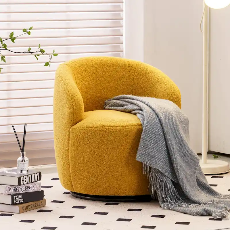 360° Swivel Barrel Accent Chair – Soft Teddy Fabric, Ergonomic Backrest