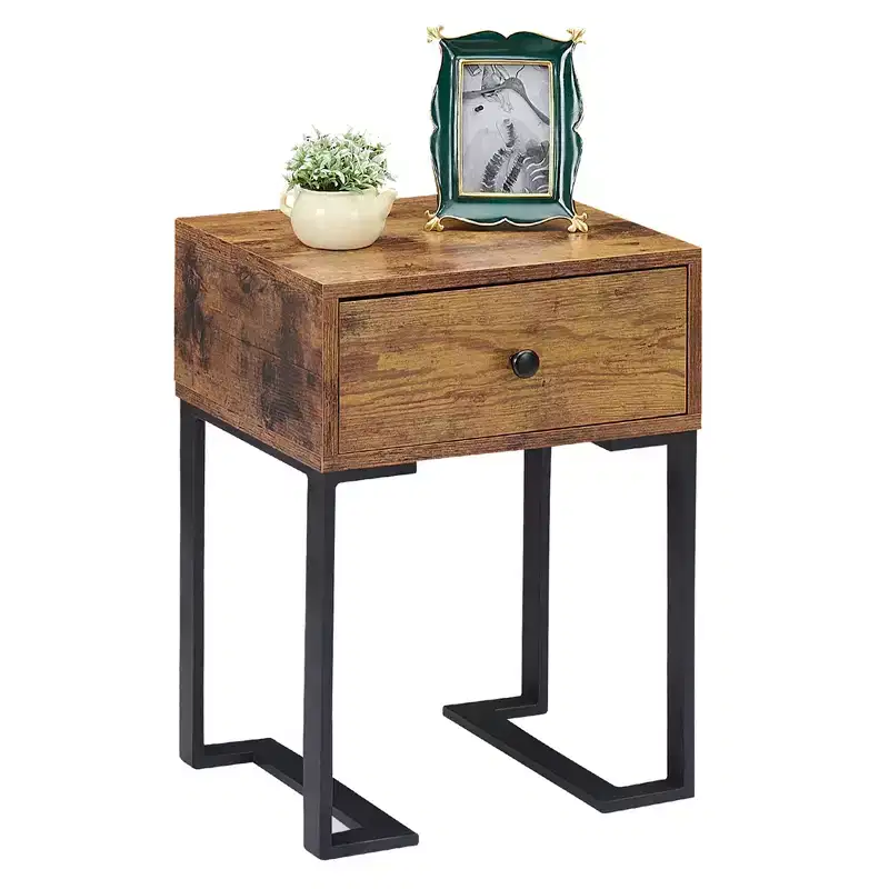 VECELO Vintage Nightstand with Storage Drawer, End/Side Table for Bedroom or Living Room, Metal Frame, Brown/White