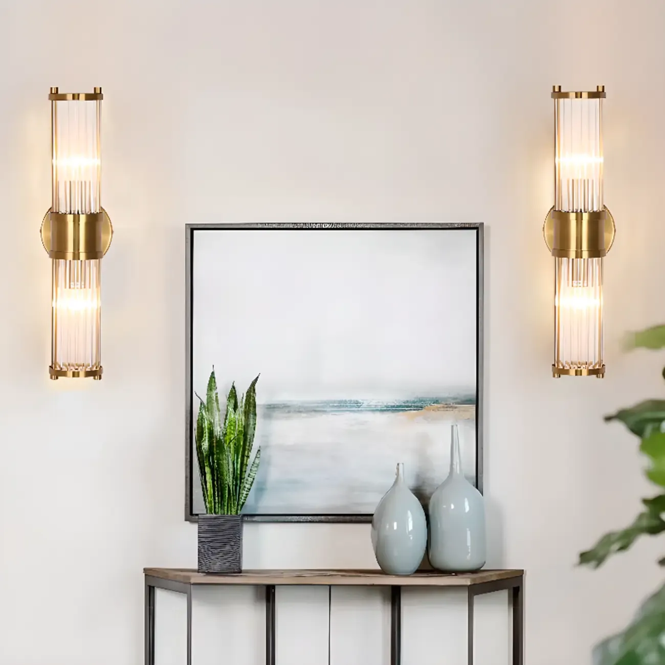 Vertical Brass Glass Cylinder Wall Sconce