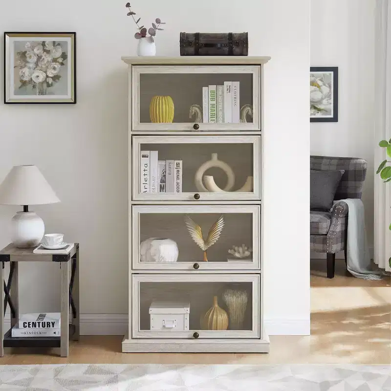 4-Tier Glass Display Cabinet with Flip-Up Doors, Tempered Glass, and Adjustable Shelves for Collectibles