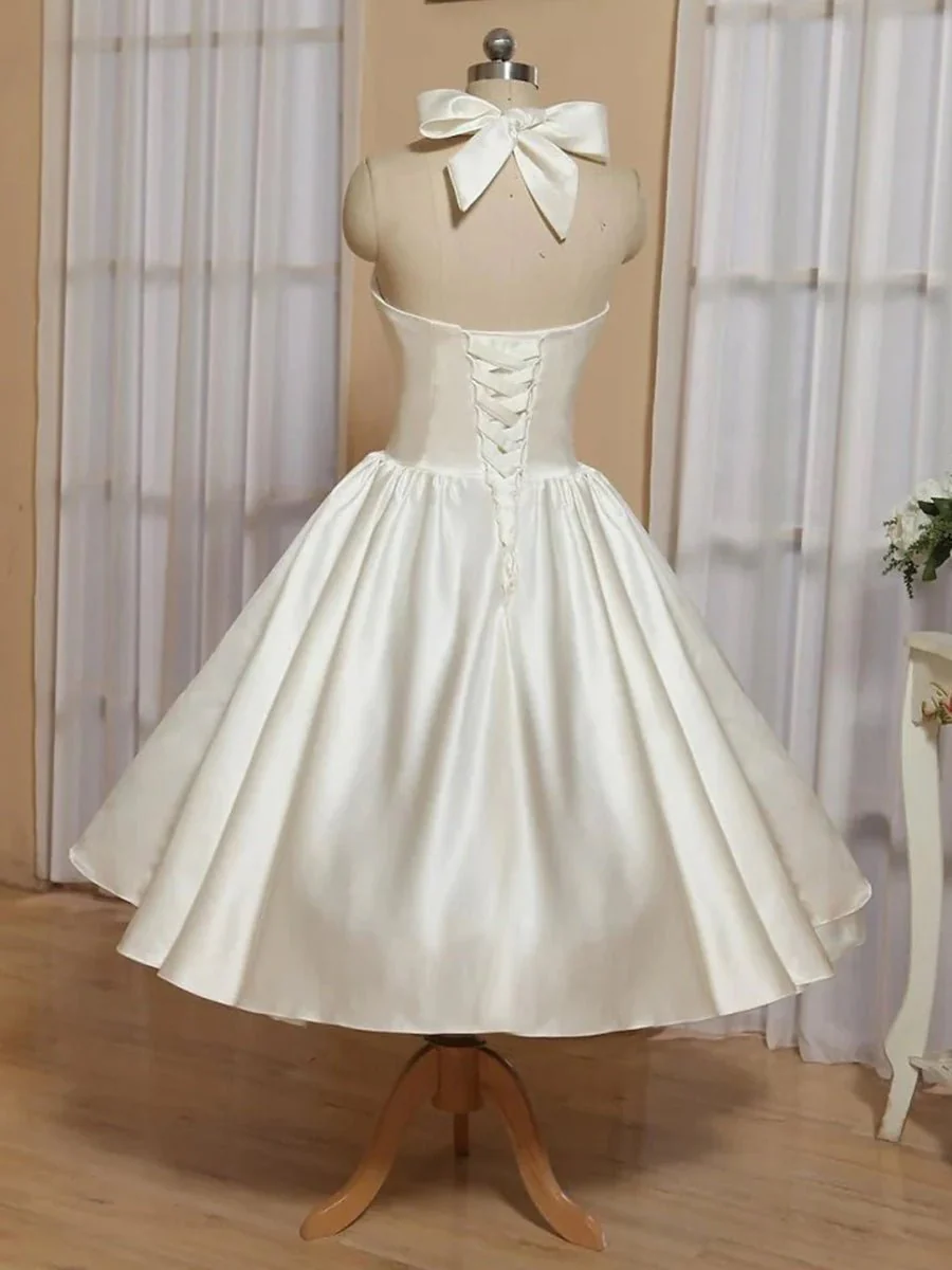White A-Line Halter Sleeveless Tea Length Satin Bridal Gowns With Bow(s) Pleats