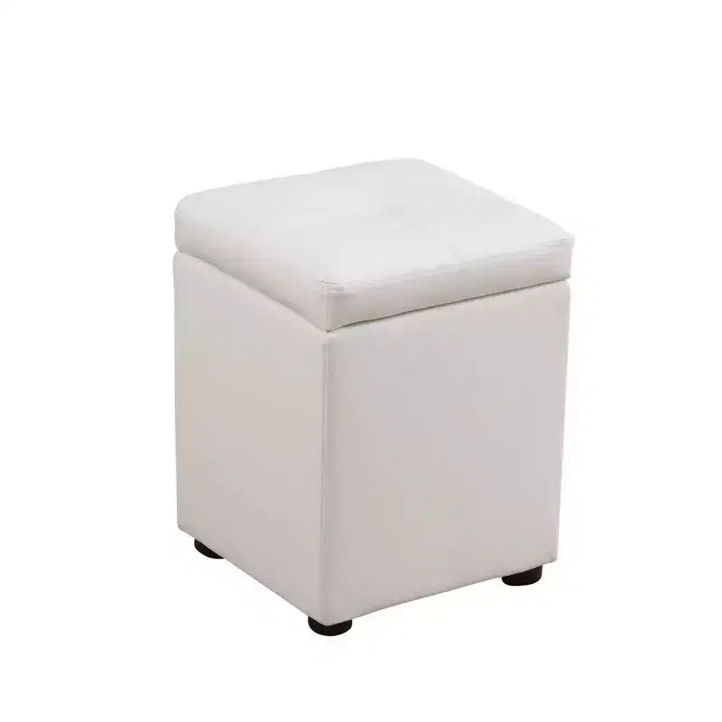 Hyleory Square White Storage Ottoman with Faux Leather Upholstery