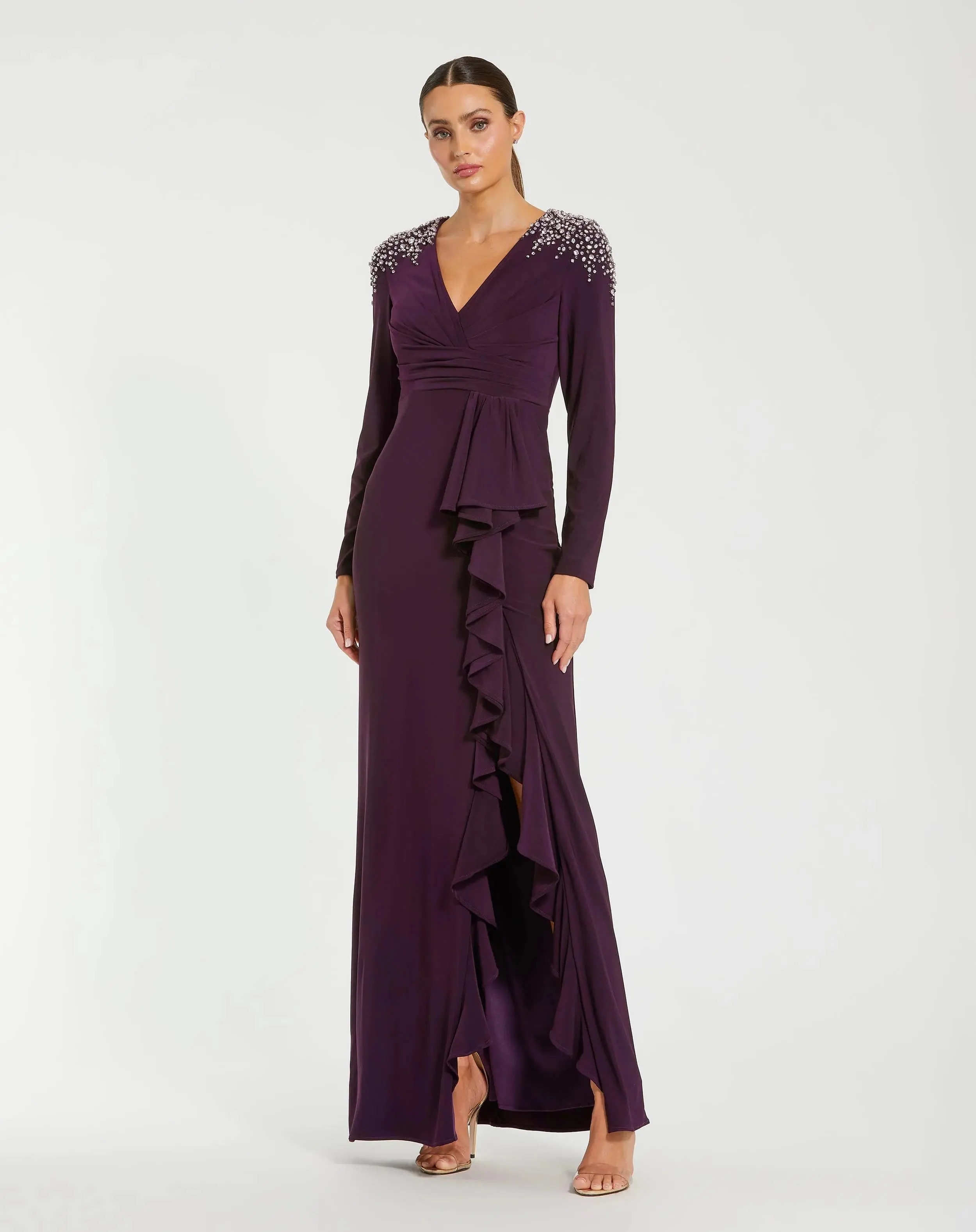 Purple Long Sleeve Gown with Cascading Ruffle & Rhinestone Shoulders