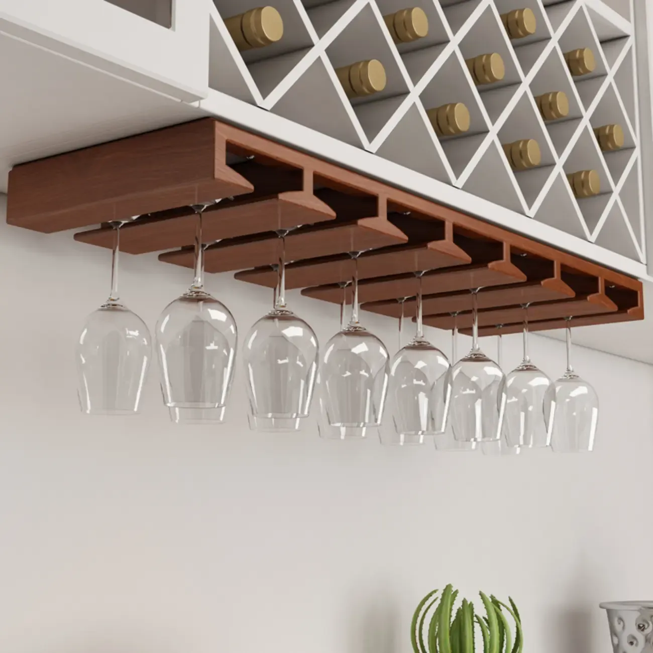 Contemporary Chestnut Wooden Hanging Wine Glass Rack