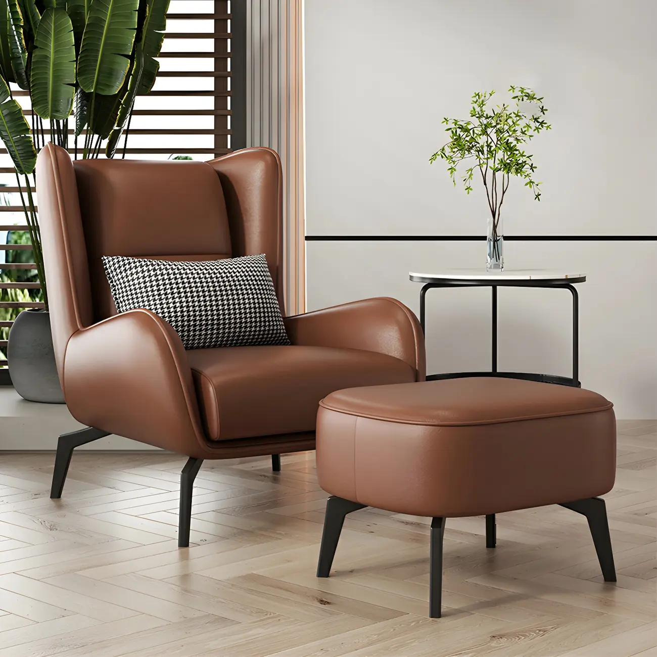 Modern Beige Leather Accent Chair with One Pillow