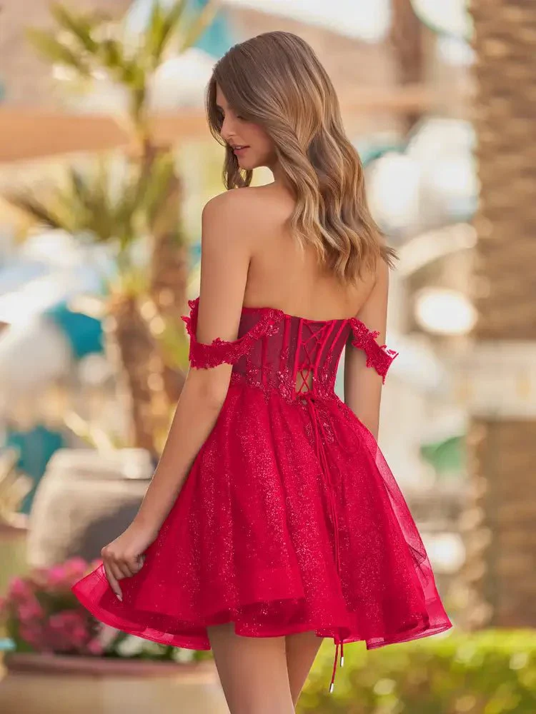 Red - A Line Off the Shoulder Lace Corset Sequined Homecoming Dresses