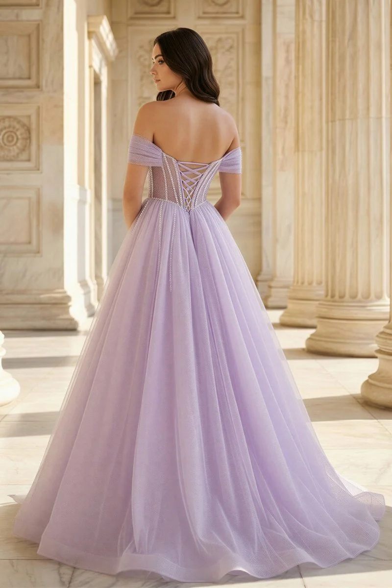 Lavender Beaded A-Line Tulle Prom Dress with Off Shoulder