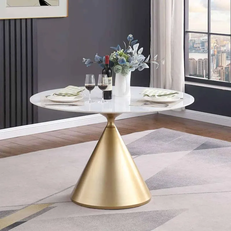 Modern Round Dining Table with Gold Metal Base