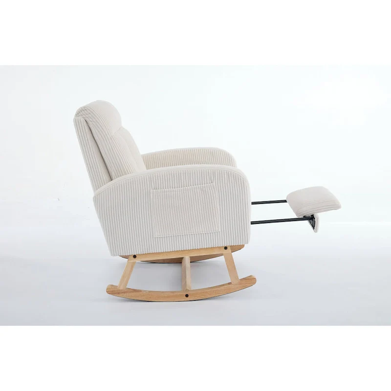 Accent Rocking Chair with Solid Wood Legs, Upholstered Nursery Glider Rocker, Comfy Armchair with Side Pocket