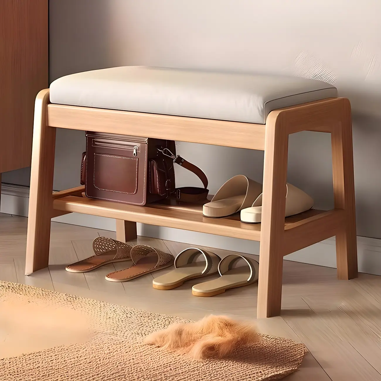 Entryway Solid Wood Cushioned Trapezoid Shoe Bench