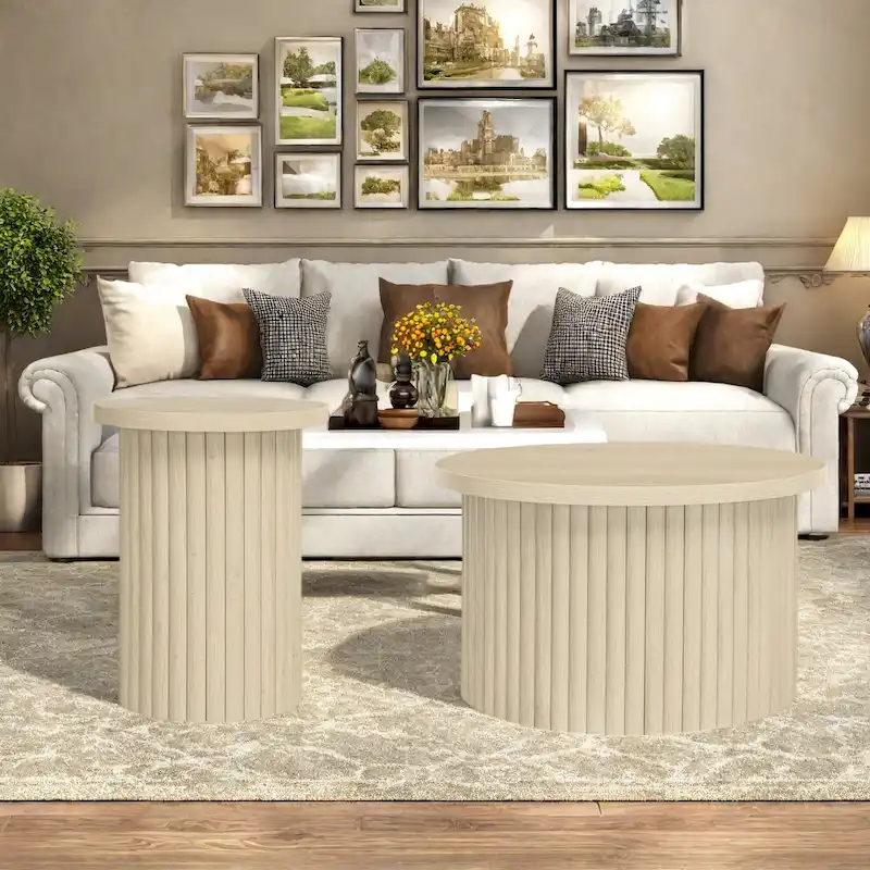 MDF Coffee Table Set with Vertical Slatted Legs, Non-Slip Pads, and Versatile Combination Design