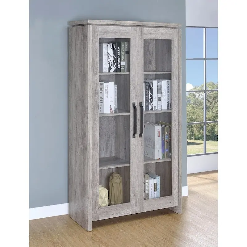 Spacious Wooden Curio Cabinet With Two Glass Doors, Gray