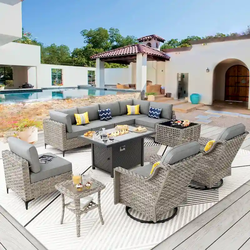 XIZZI 11-piece Patio Rattan Wicker Furniture Set with Fire Pit Table