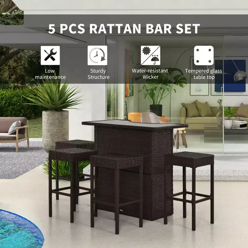 5 Pcs Rattan Wicker Bar Set, High Top Outdoor Table and Chairs, Bar Height Patio Set with Glass Table Top 2 Tier Storage Shelf,for Garden