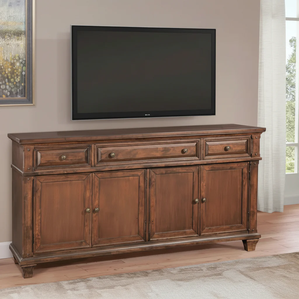 Rustic Cherry 72-Inch TV Console with 3 Drawers & 4 Cabinet Doors