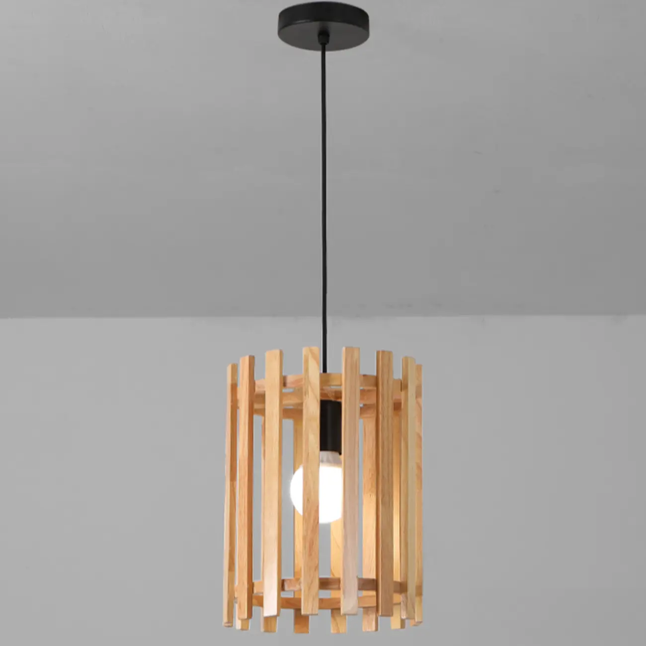 Adjustable Height Rustic Cylinder Wooden Pendant Light