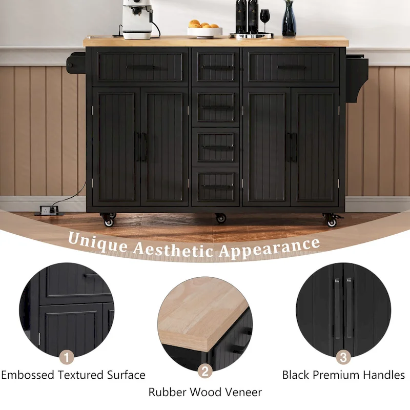 56.5 Kitchen Island with Drop Leaf and Charging Station, Rolling Kitchen Cart on Wheels with Drawers and Adjustable Shelves