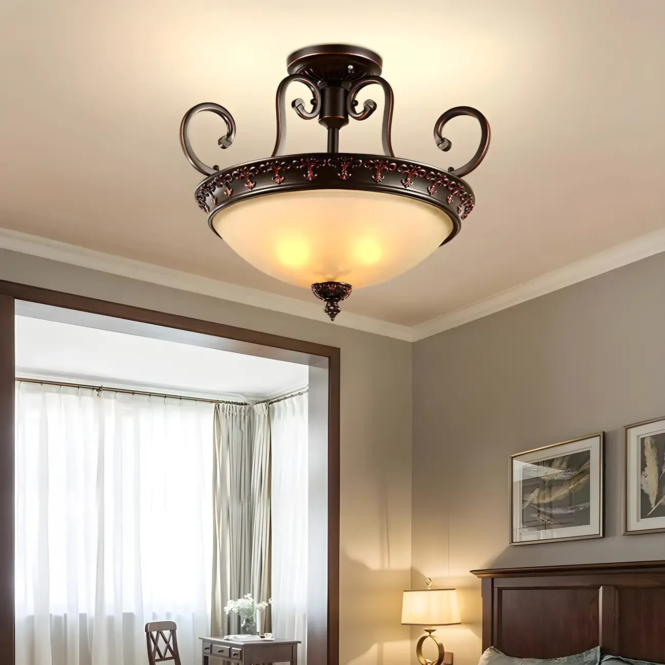 Frosted Glass Brown 3-Light Barn Semi Flush Ceiling Light