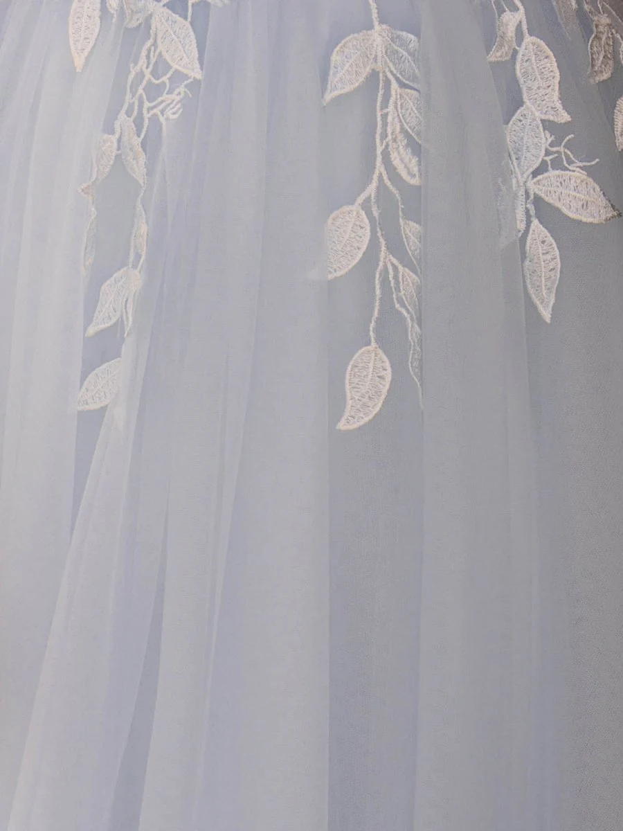 Light Blue V Neck Lace-Up Appliques Tulle Long Prom Dress