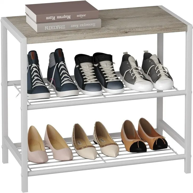 3-Tier Shoe Rack, Wood Accent, Flat Top Surface, White Oak, 1-Person Use