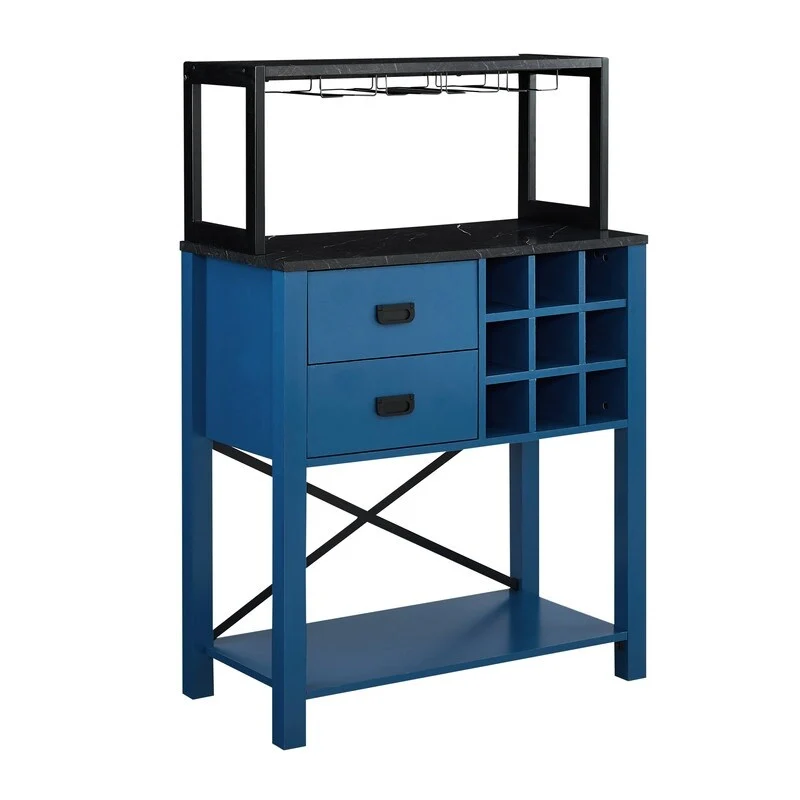 Blue / White Wood Buffet Bar Cabinet with Wine Rack, 9-Bottle Storage