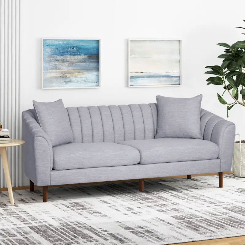 Channel-Tufted Sofa with Sloped Arms & Walnut Legs – Blush / Beige / Cloud Gray / Charcoal / Navy Blue, Mid-Century Modern, Seats 3