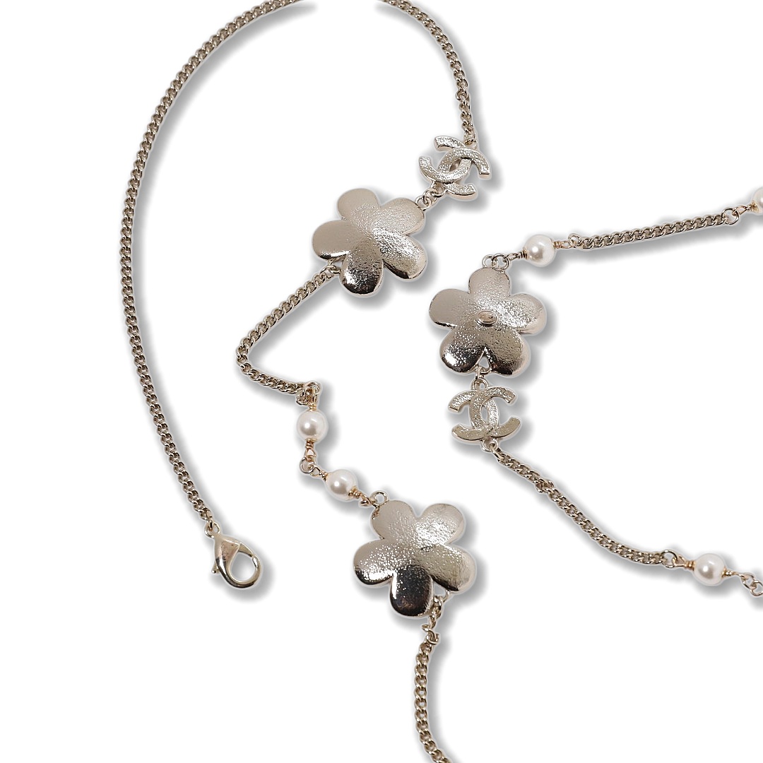 CCL116 Chanel Cowboy Petals pearl long chain sweater necklace - ccjewelryacc