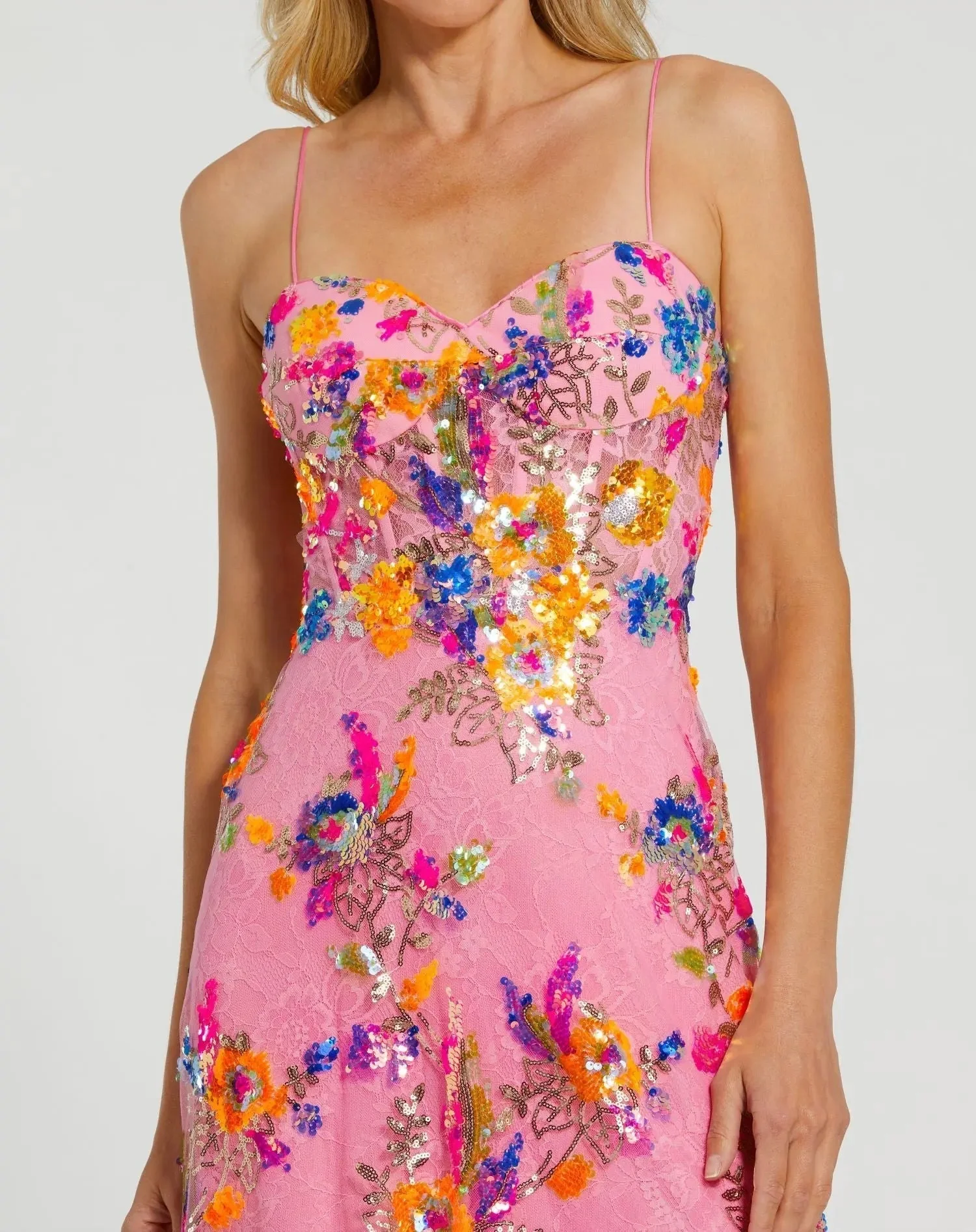 Pink Floral Sequin Lace Gown with Sweetheart Neckline