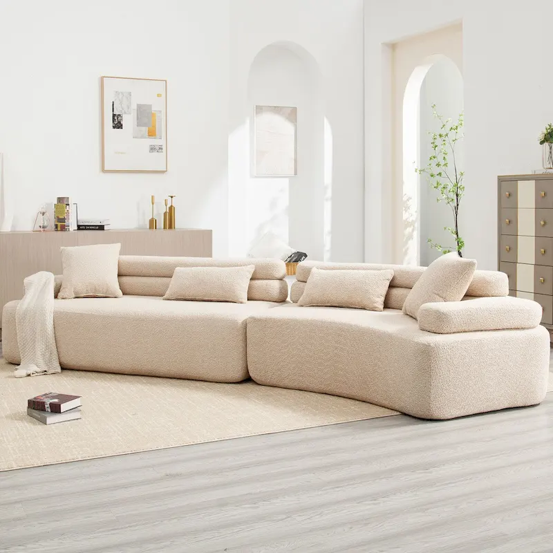 Modern Boucle 4-Seater Upholstered Sectional Sofa with 4 Pillows