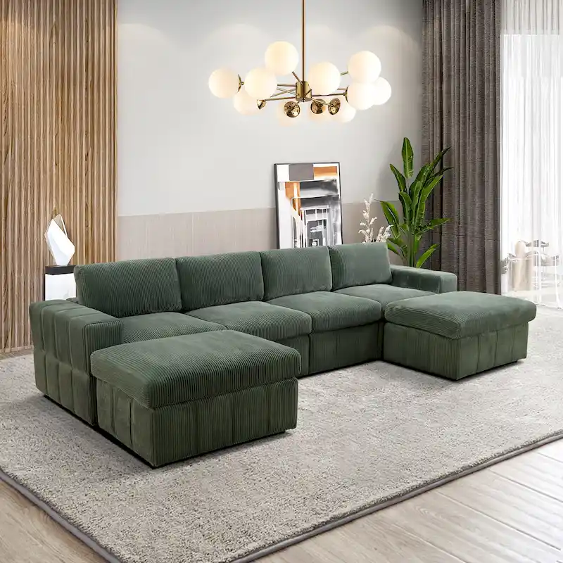 132W U-Shaped Corduroy Modular Sectional Sofa Couch